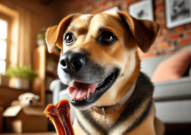 DALL·E 2025-02-07 18.26.00 – A happy dog enjoying a dehydrated beef trachea treat in a cozy home setting. The dog is chewing on the natural treat with satisfaction, highlighting i