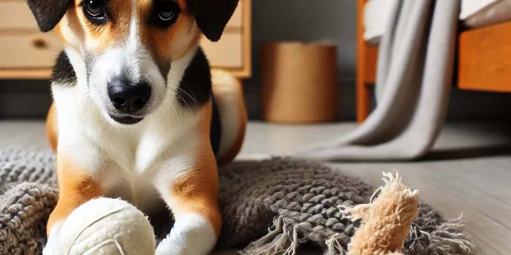 DALL·E 2025-02-15 13.28.00 – A dog holding a small white ball in its mouth while sitting in a cozy home environment. Nearby, a torn synthetic toy lies on the floor, emphasizing th